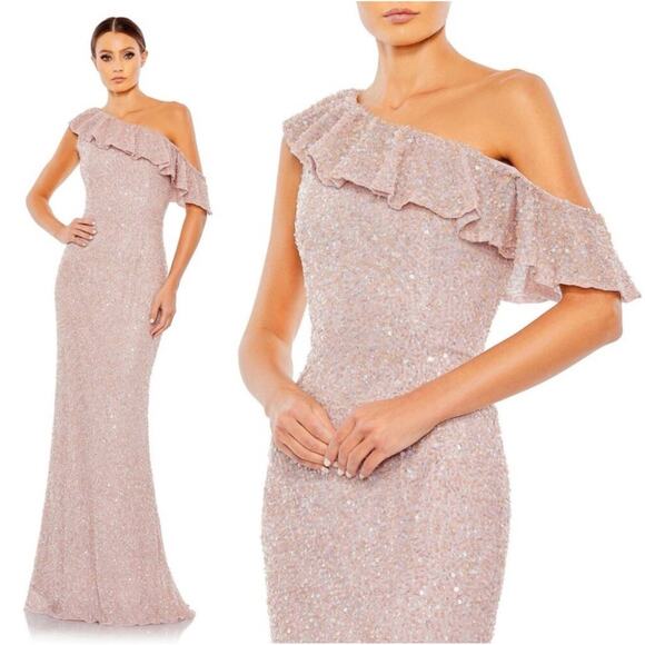 MAC DUGGAL 5611 Sequined Drop One Shoulder Ruffle Trumpet Gown Mocha 2 NEW - Picture 10 of 10